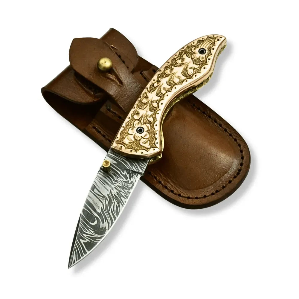 Pixel Copper Damascus Pocket Knife with Engraved Copper Handle