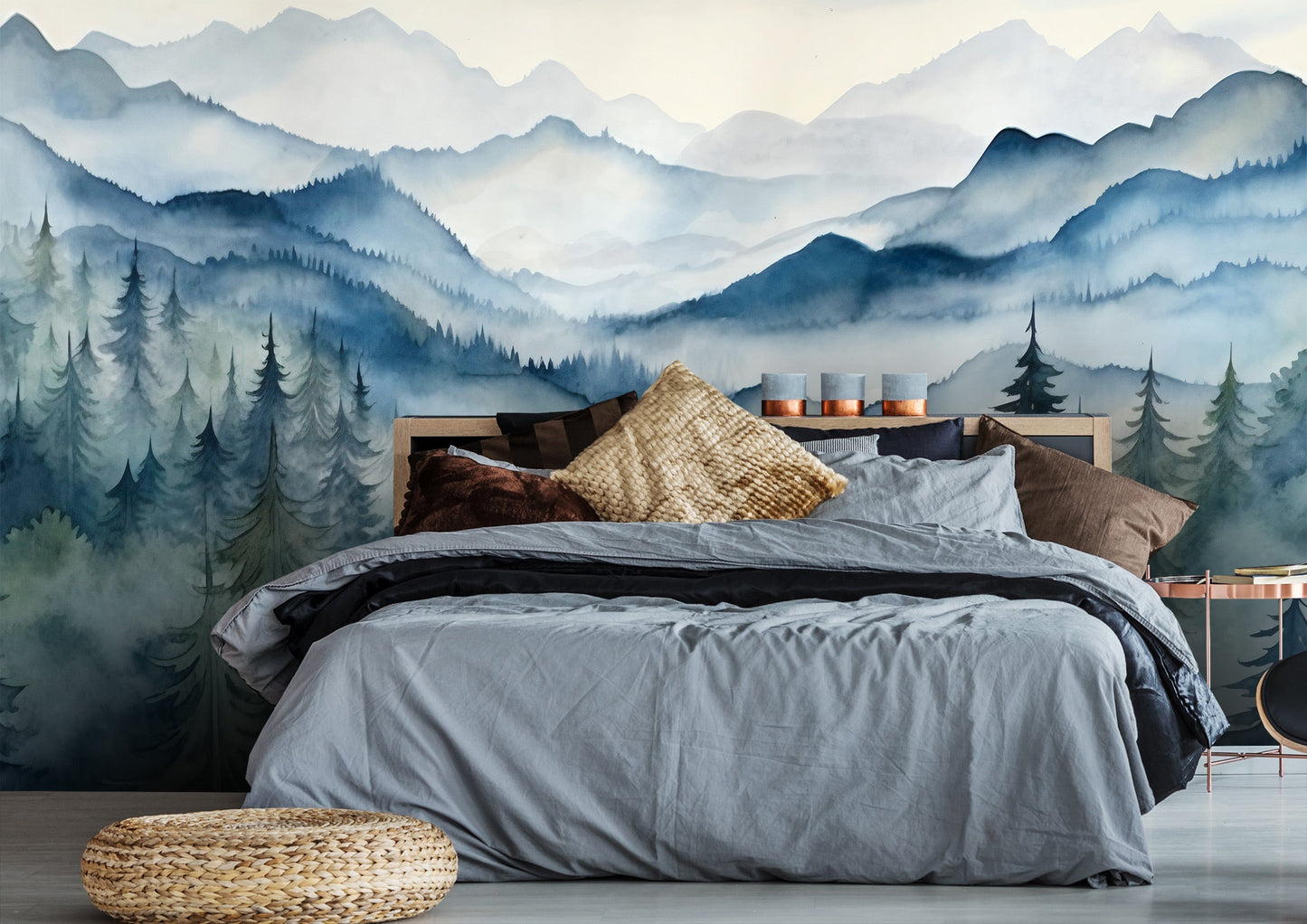 Watercolor Foggy Pine Tree Forest Mural