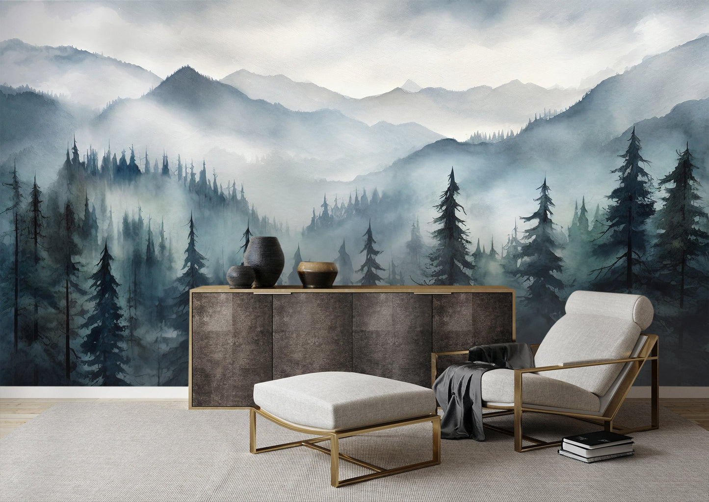 Foggy Forest Mountains Mural