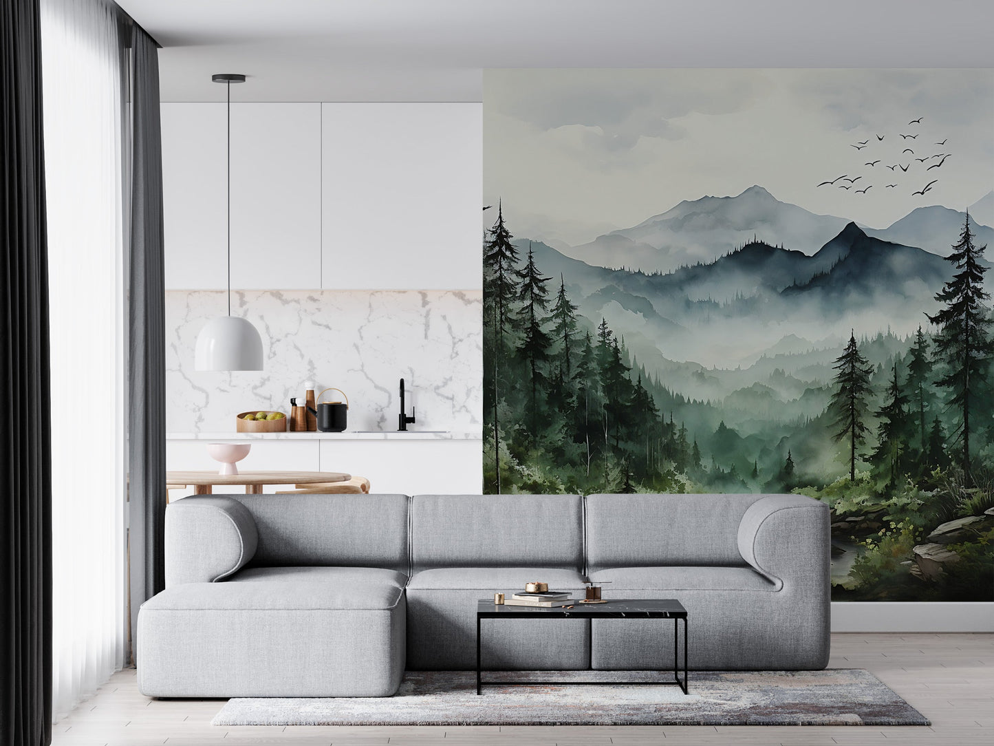 Foggy Forest & Mountain Wall Mural