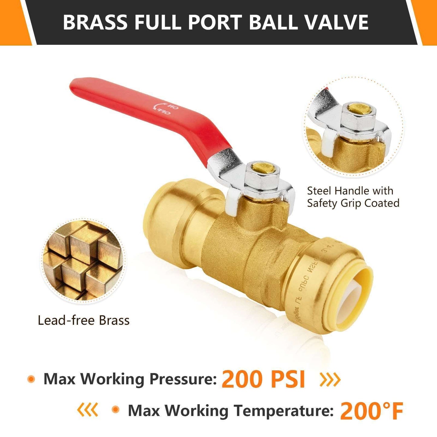 1" Push Fit Ball Valve, Red (Lead Free)
