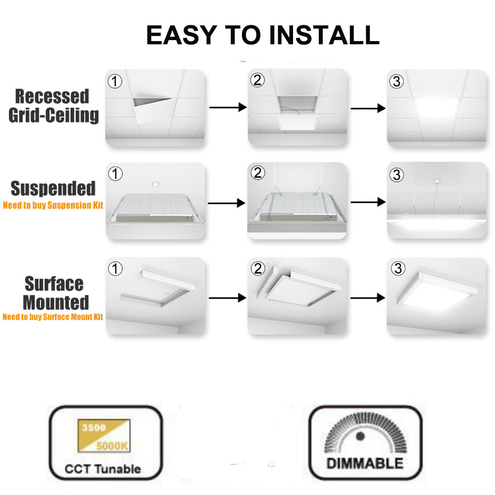 1x4 FT LED Ceiling Panel Light, 40W 4000K 5000K 6500K CCT Tunable 5200LM 100-277V 0-10V Dimmable Flat Backlit Fixture ETL DLC Listed-4 Pack