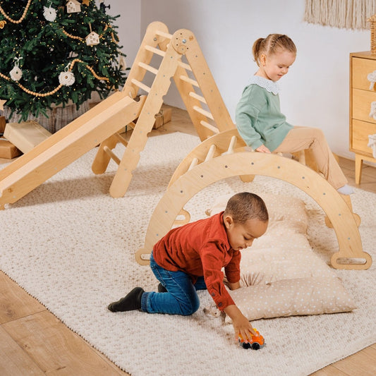 4in1 Montessori Climbing Set: Triangle Ladder + Climbing Arch + Slide Board & Cushion – Beige