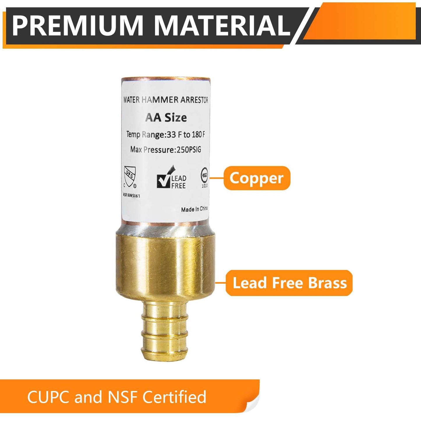 1/2" PEX Crimp Connection F1807, Straight Water Hammer Arrestor, Copper