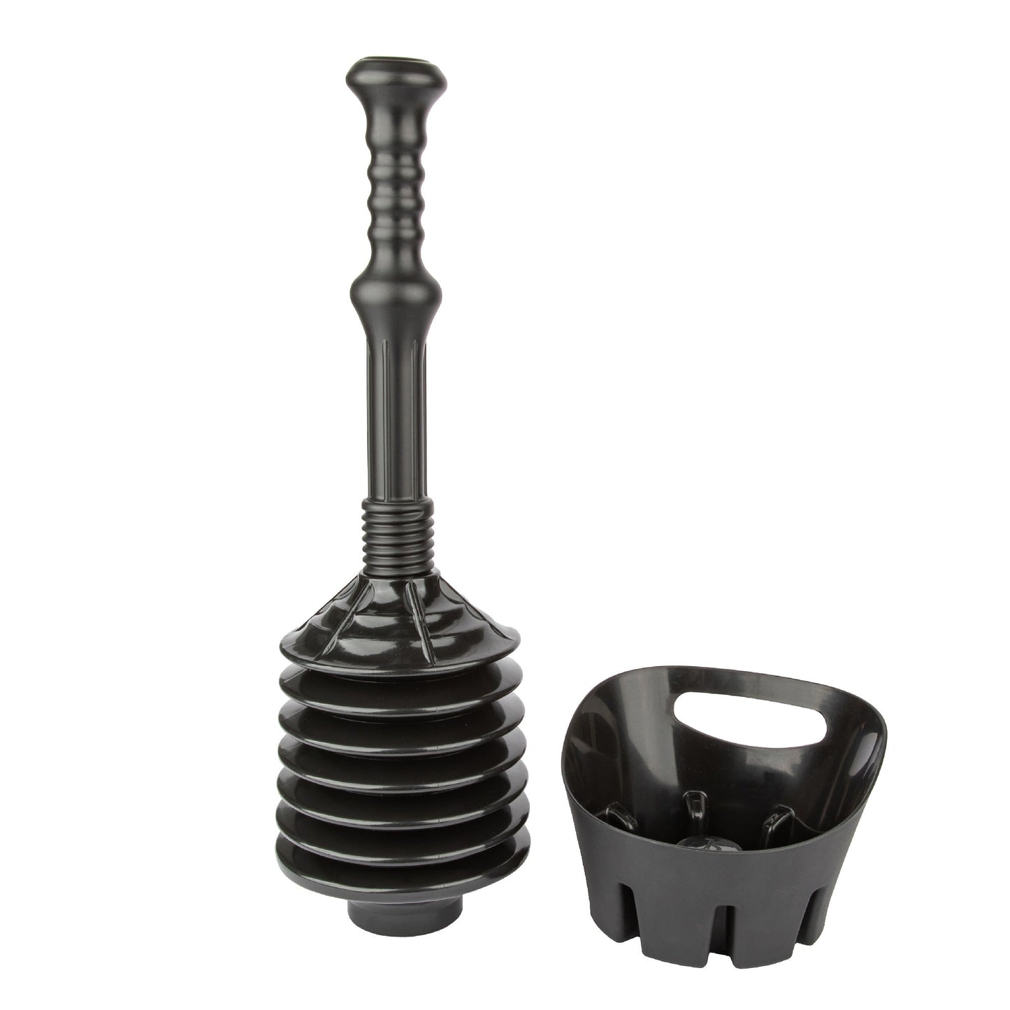 Antimicrobial Bellows Accordion Toilet Plunger with Black Storage Tray (Black)