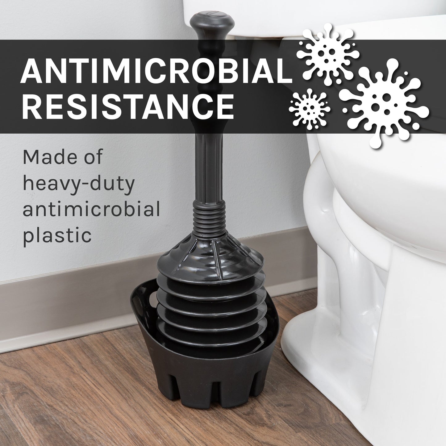 Antimicrobial Bellows Accordion Toilet Plunger with Black Storage Tray (Black)