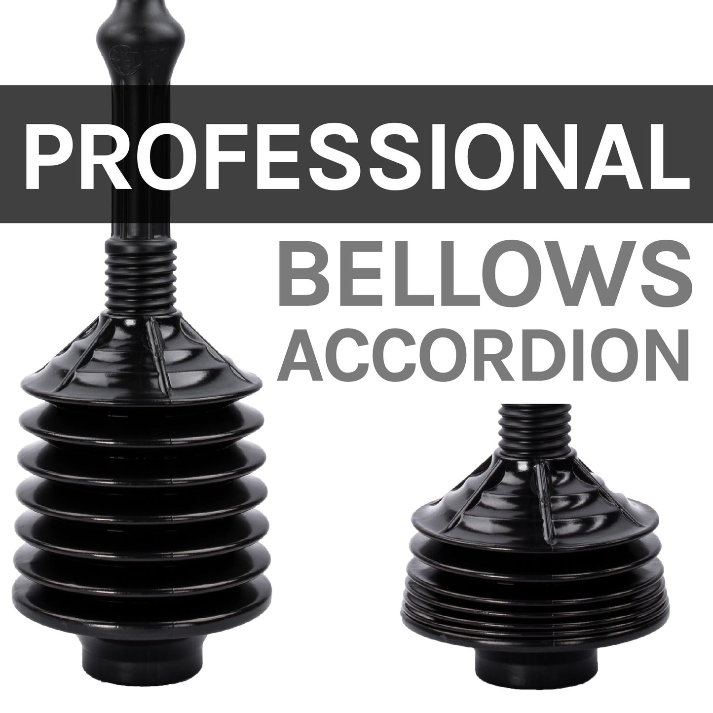 Antimicrobial Bellows Accordion Toilet Plunger with Black Storage Tray (Black)