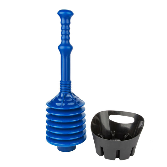 Antimicrobial Bellows Accordion Toilet Plunger with Black Storage Tray (Blue)