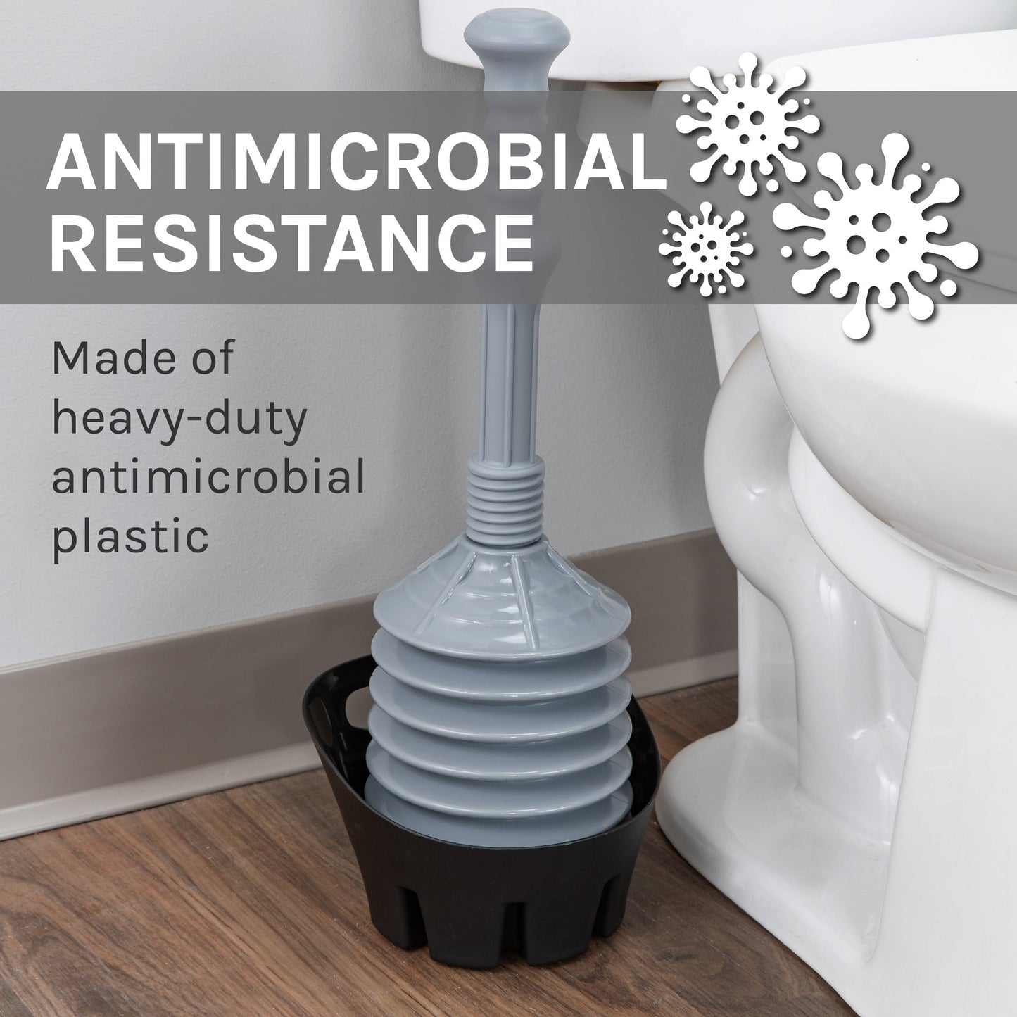 Antimicrobial Bellows Accordion Toilet Plunger with Black Storage Tray (Grey)