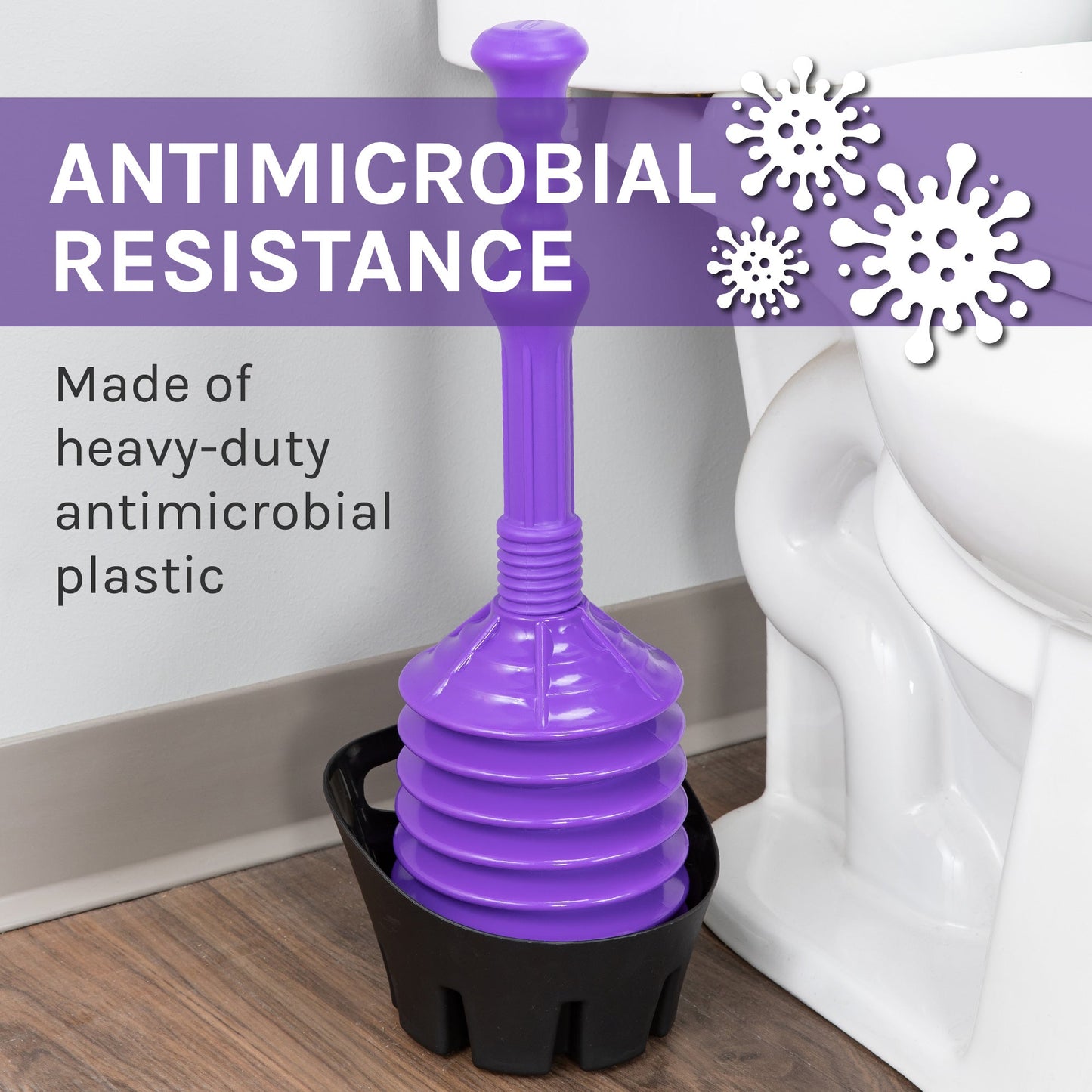Antimicrobial Bellows Accordion Toilet Plunger with Black Storage Tray (Purple)