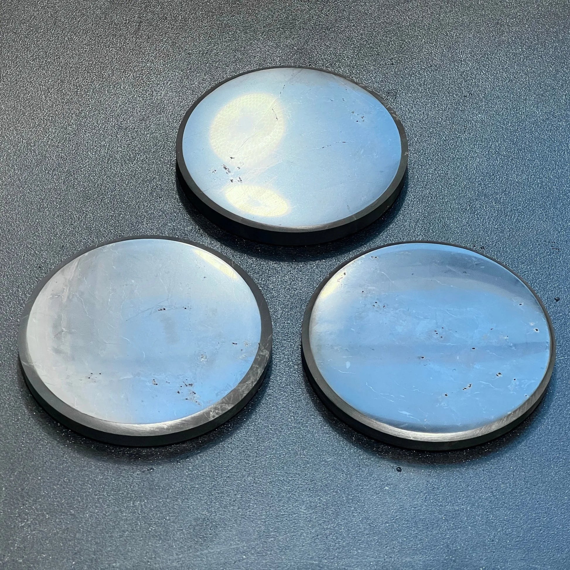 Black Shungite Polished Coaster (3.5 Inch) Circle Plate Polished Carving Russian Mineralized Carbon