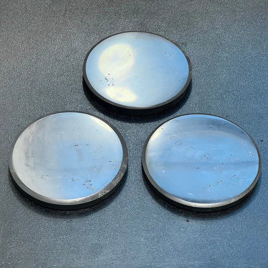 Black Shungite Polished Coaster (3.5 Inch) Circle Plate Polished Carving Russian Mineralized Carbon