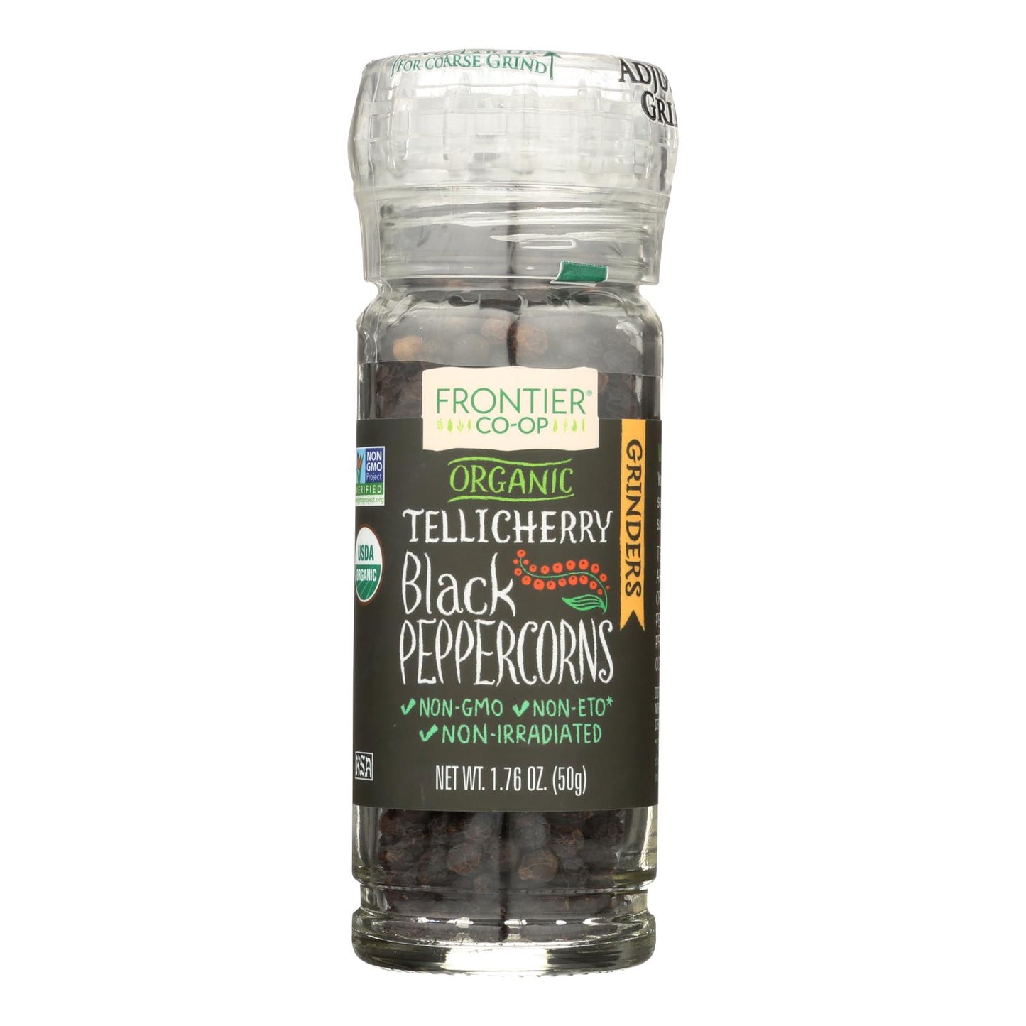 Frontier Herb Peppercorns - Organic - Whole - Black - Tellicherry Grade - Grinder Bottle - 1.76 Oz - Case Of 6