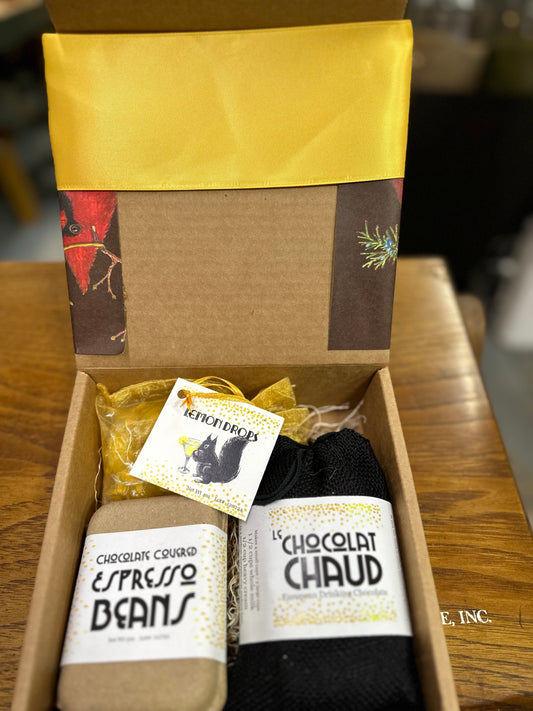 Old World Delights Gift Box - European Drinking Chocolate, Chocolate Covered Espresso Beans, Lemon Drops