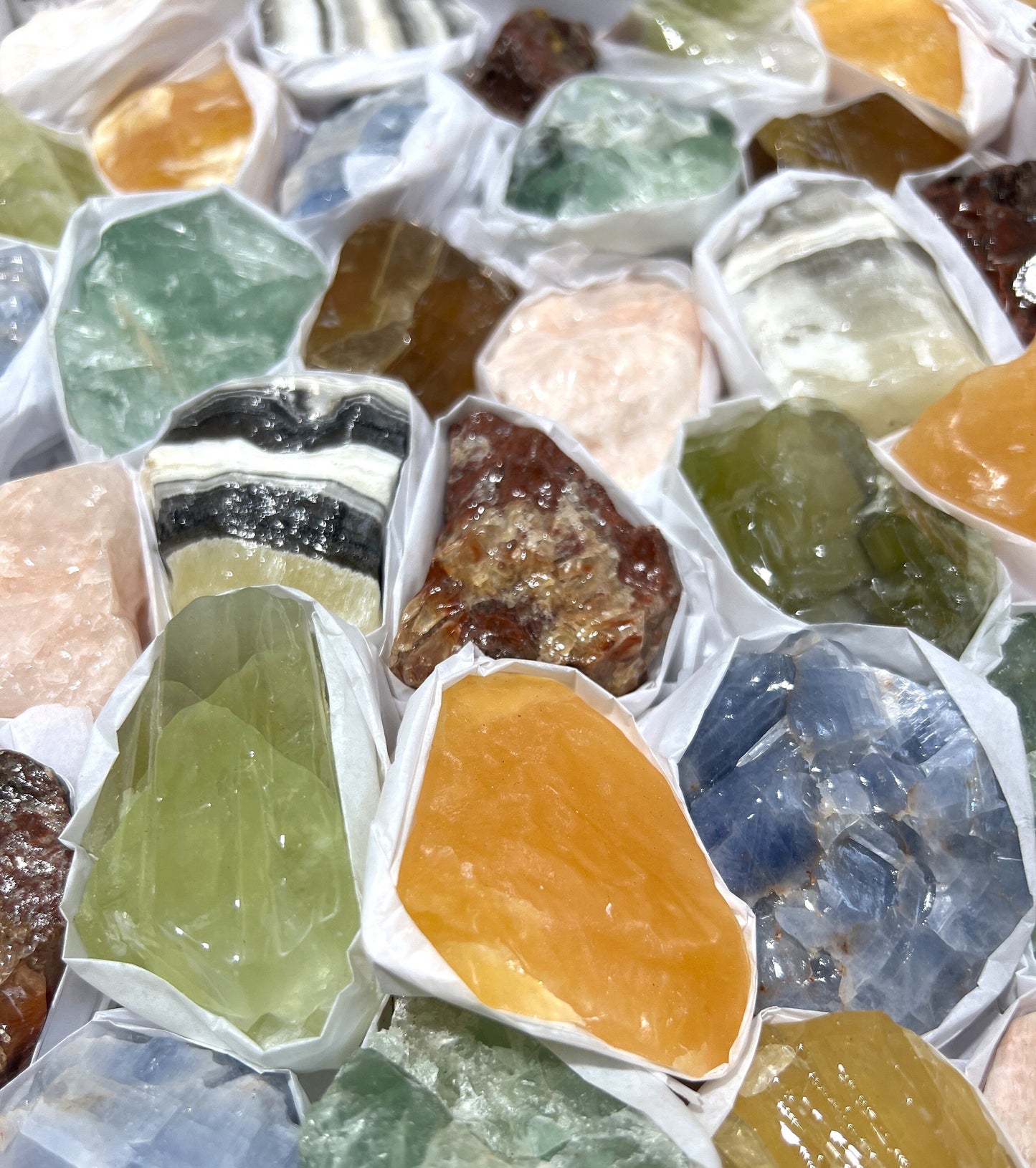 Assorted Calcite & Fluorite Mixed Rough Raw Crystals Wholesale Collection Orange Blue Zebra Green Box Flat