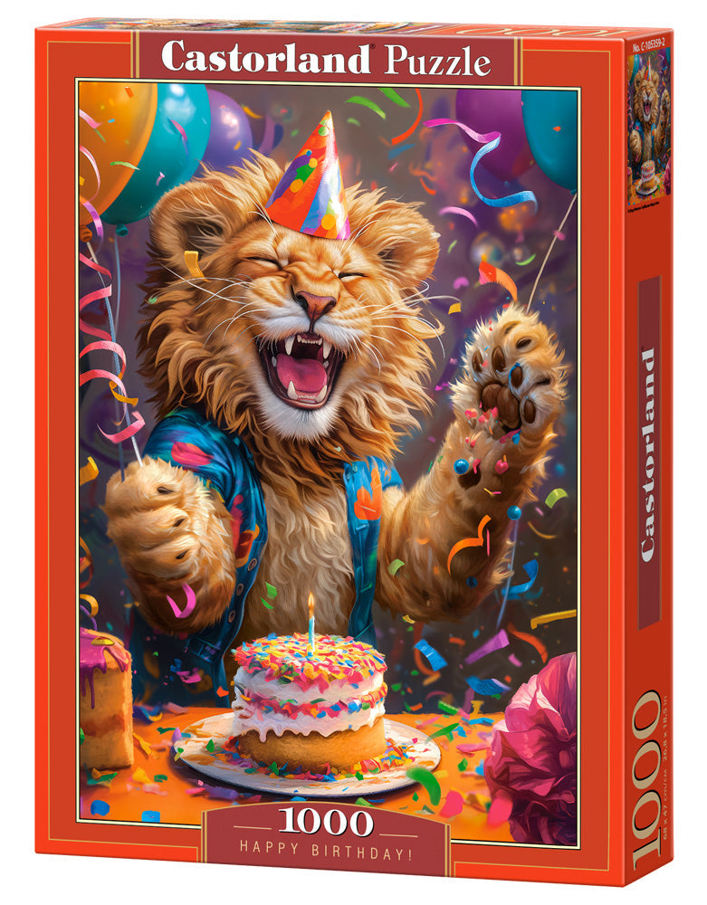1000 Piece Jigsaw Puzzle, Happy Birthday!, Joyful lion, Party scene, Funny and humorous scene of animal, Adult Puzzle, Castorland C-105359-2
