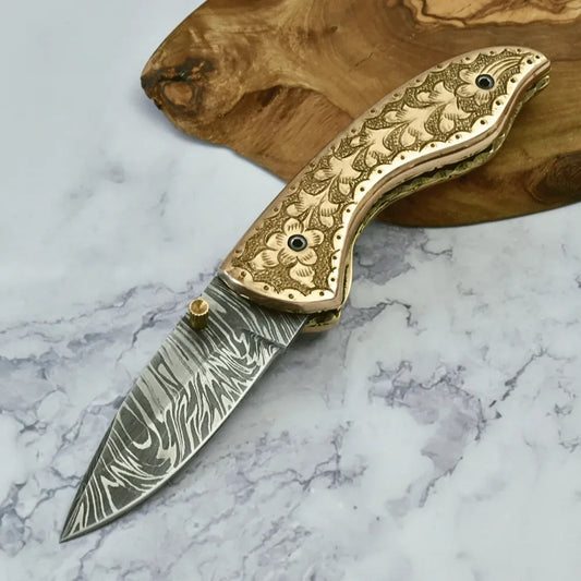 Pixel Copper Damascus Pocket Knife with Engraved Copper Handle