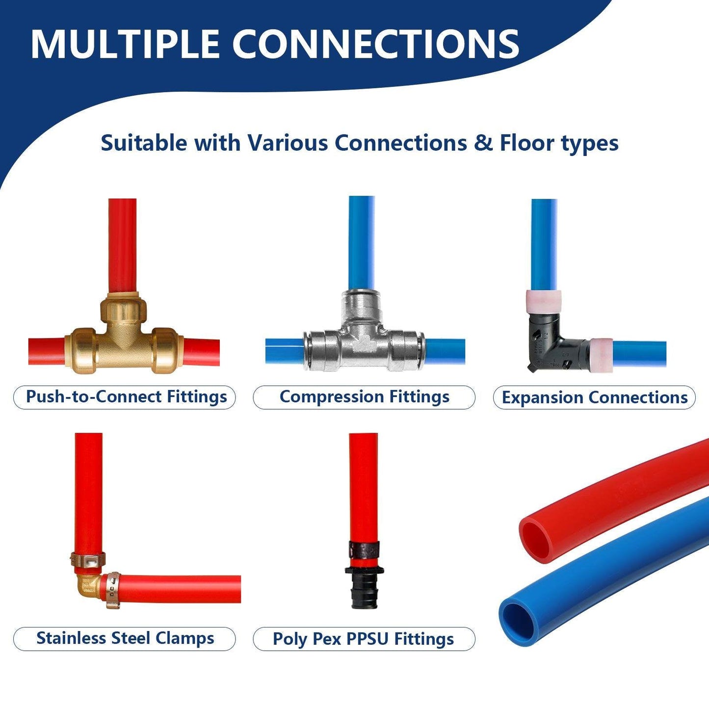 1/2" 2 x100ft, 200ft PEX-B Tubing (Blue & Red), 1/2" Barb Crimp Brass Fittings (30 PCS), Cinch Clamps (100 PCS)