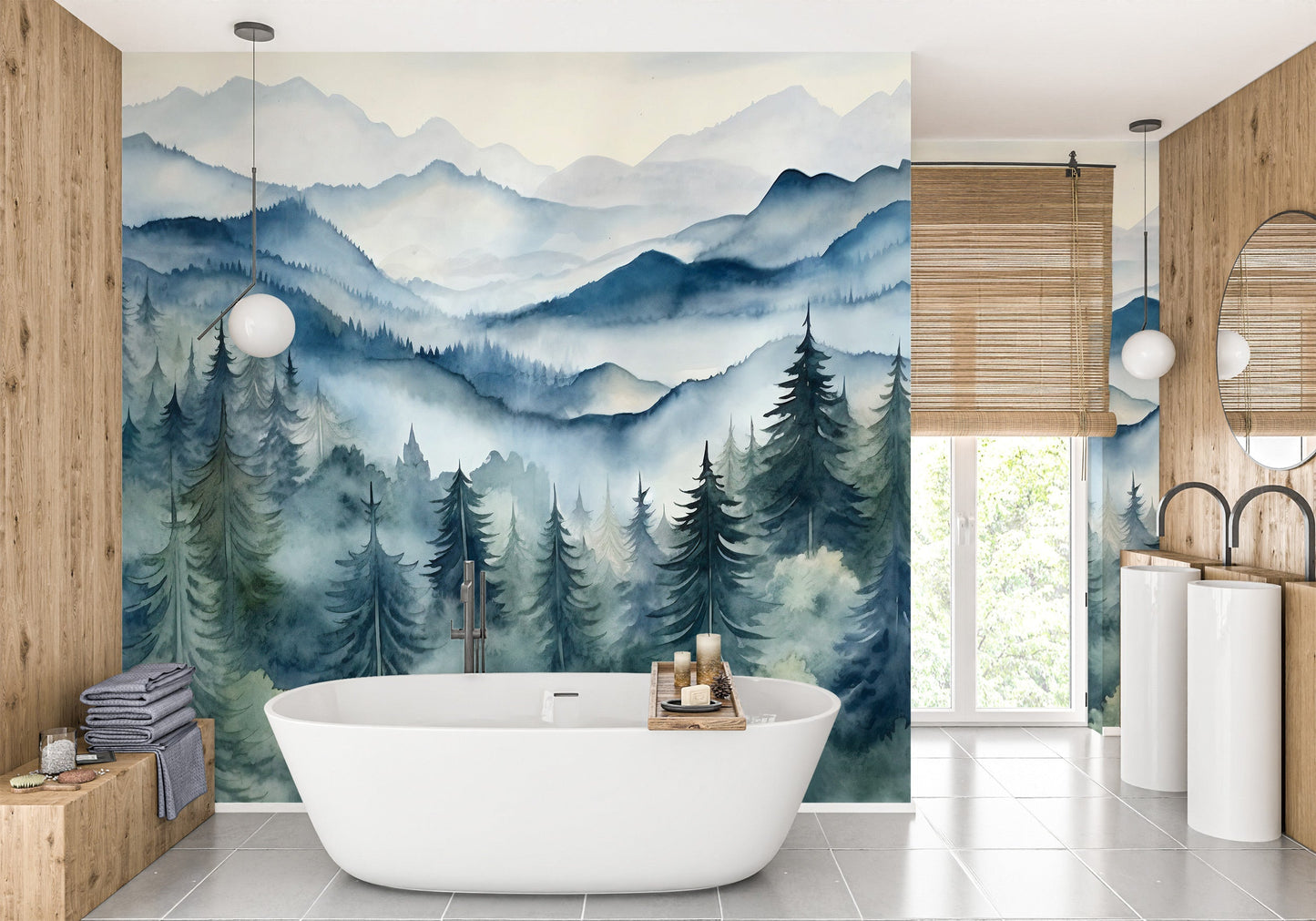 Watercolor Foggy Pine Tree Forest Mural
