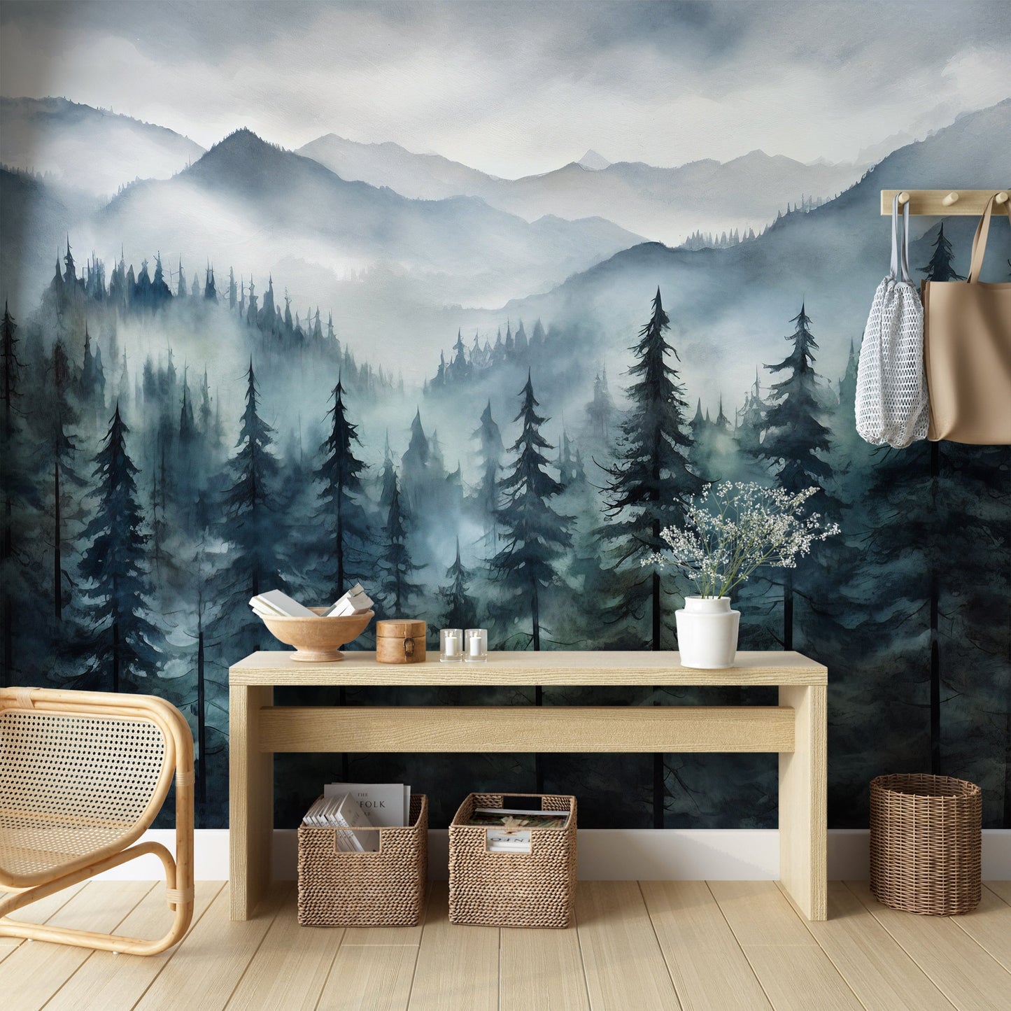 Foggy Forest Mountains Mural