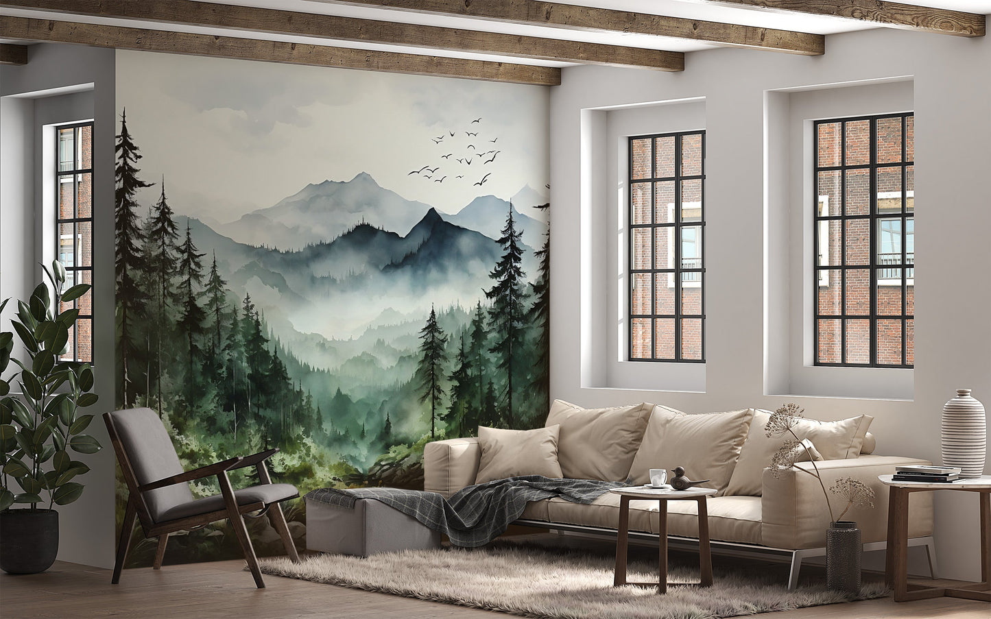 Foggy Forest & Mountain Wall Mural
