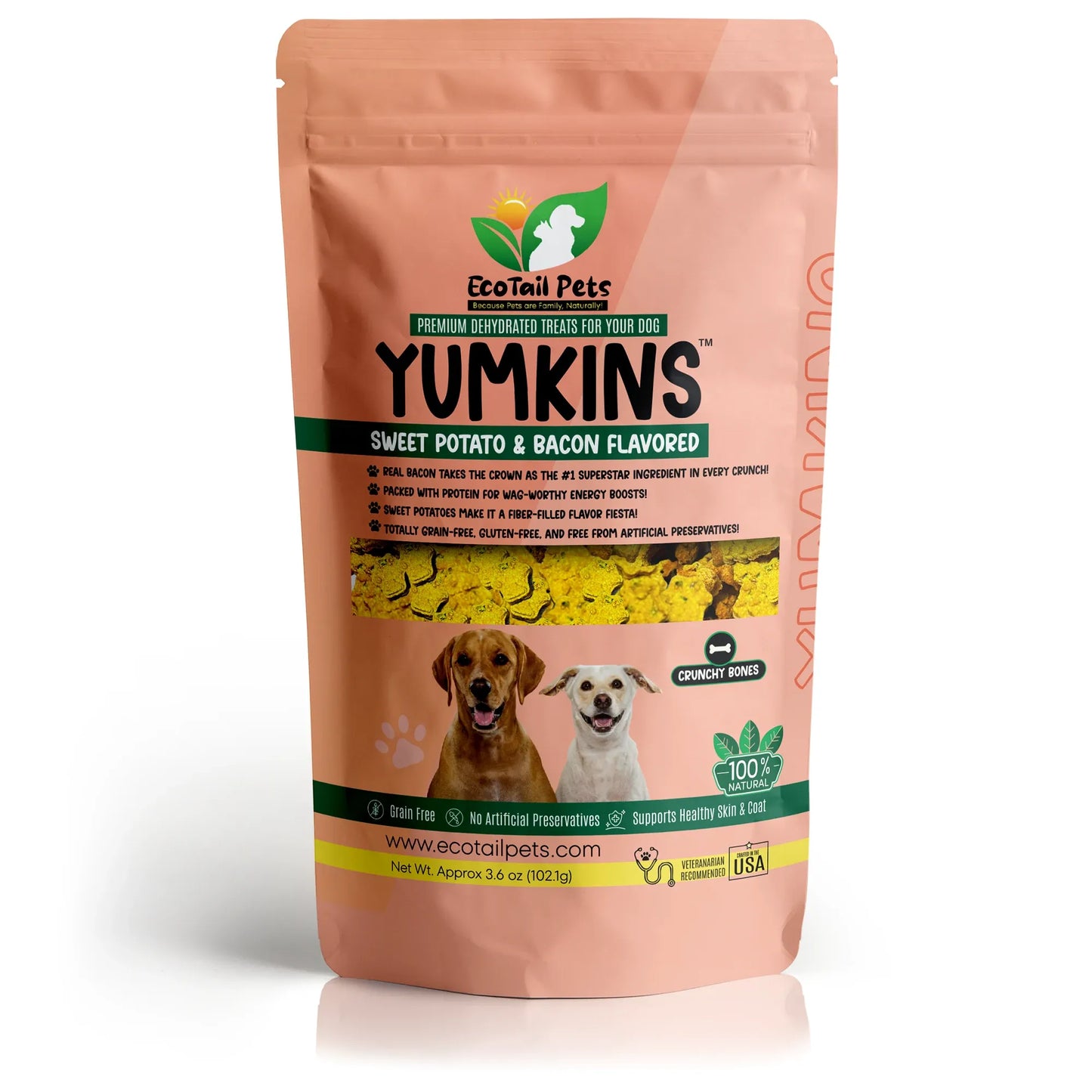 𝗦𝗨𝗕𝗦𝗖𝗥𝗜𝗣𝗧𝗜𝗢𝗡 • Yumkins™: Sweet Potato & Bacon Flavored Bones (Dogs) - Medium Size Single Pouch - 3.6oz