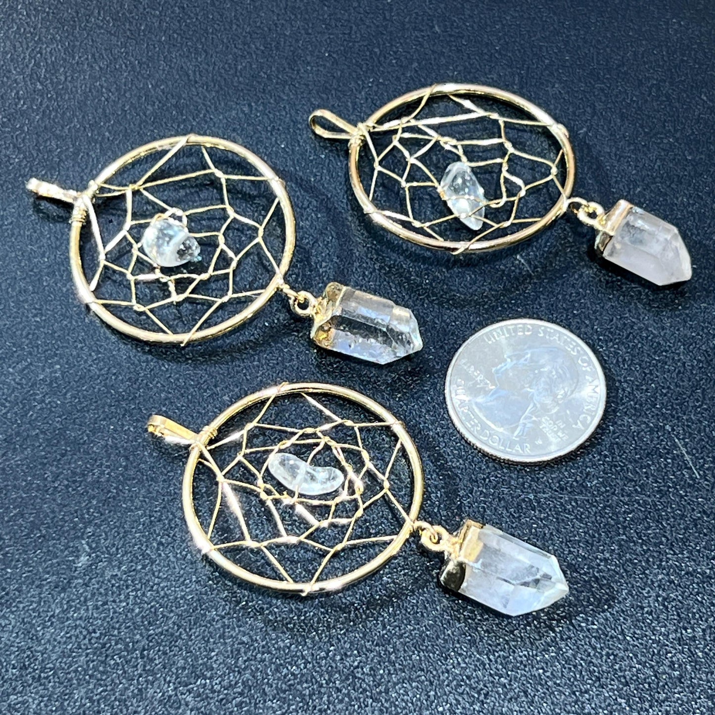 Dreamcatcher Pendant (Quartz Crystal Point)(Gold Plated) Gemstone Jewelry Necklace Supply