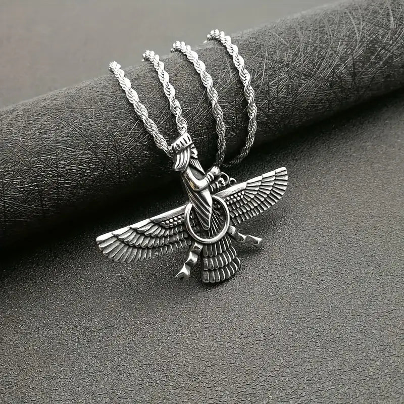Persian Jewelry, Titanium Steel Gold-plated Zoroastrian (Farvahar) Pendant Necklace