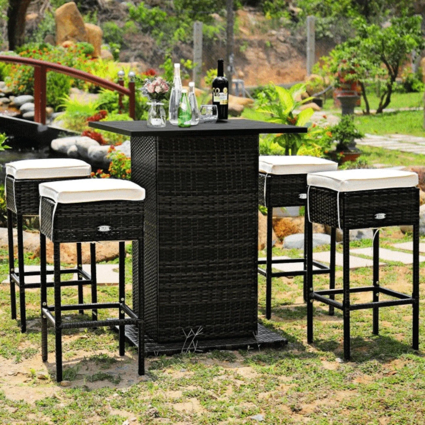 5PCS Patio Rattan Bar Table Stool Set With Hidden Storage Shelf & Cushions