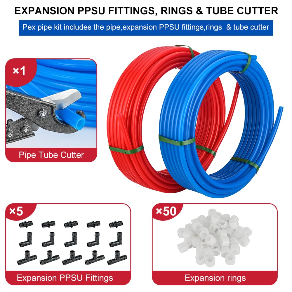 1/2" 100ft, 50ft x 2, PEX-A Pipe, Red & Blue & Cutter