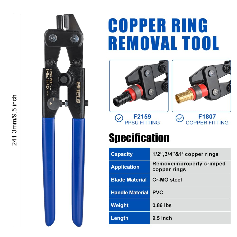1/2" & 3/4" Pex Crimping Tool with Copper Ring Decrimper, Cutter
