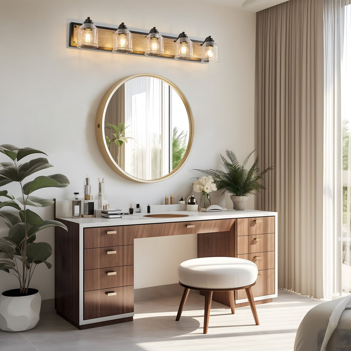 Farmhouse Vanity Light Fixture, 5-Light Bathroom Wall Sconce with Clear Seeded Glass Shades, Rustic Black Finish with Wood Backplate, Modern Industrial Design for Bathroom or Powder Room (No Bulbs)