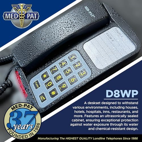 Med-Pat D8WP Waterproof Desk & Wall-Mountable Phone | Oversized Buttons, Ring Light, Volume Control – For Hospitals, Pools & Wet Areas – Black or Cream