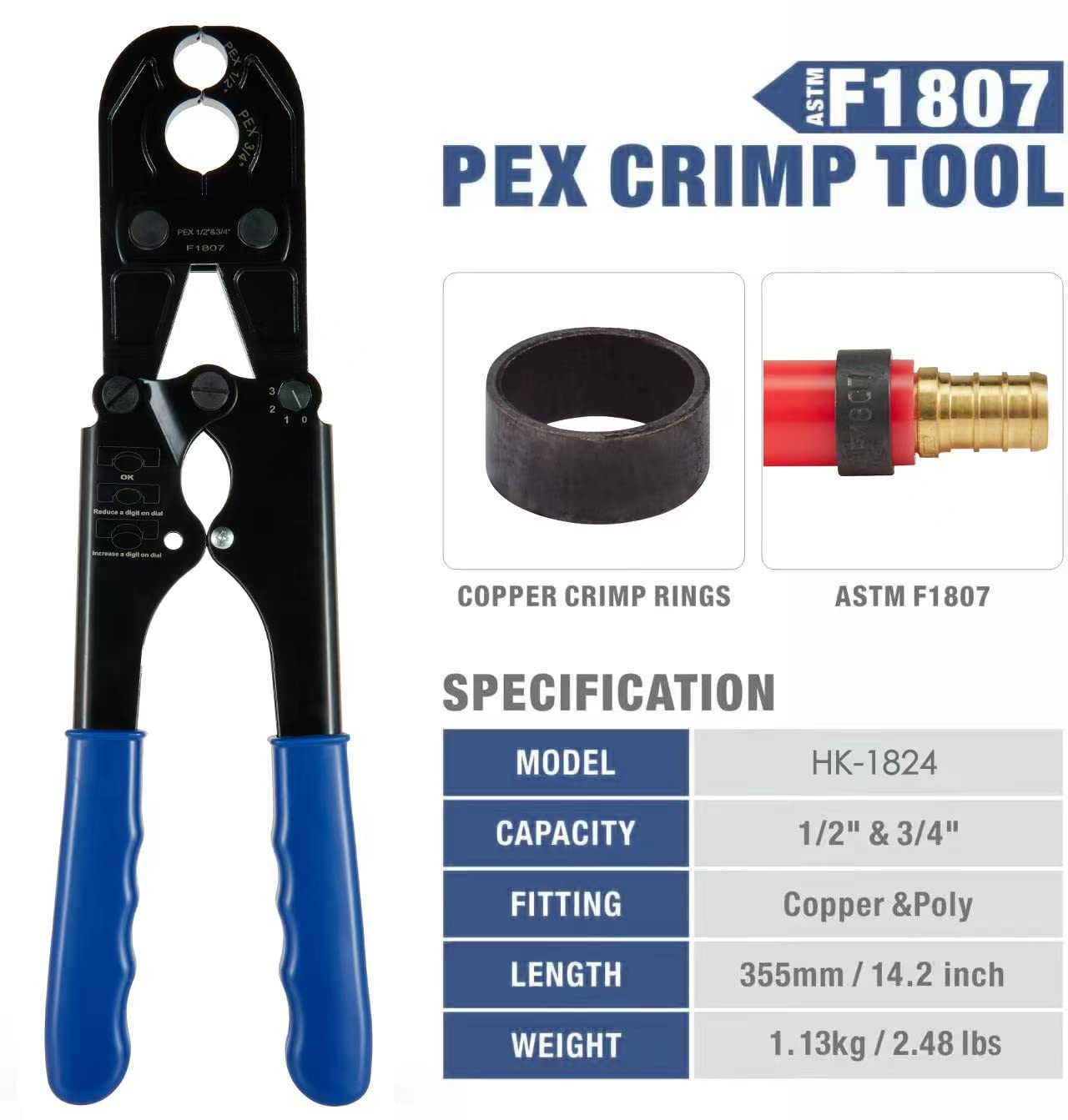 1/2" & 3/4" Pex Crimping Tool with Copper Ring Decrimper, Cutter