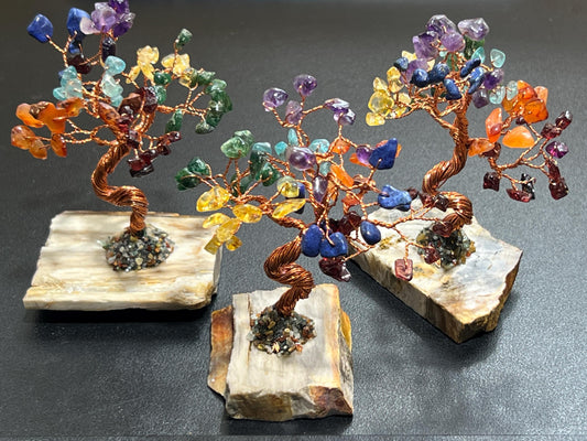 Gemstone Crystal Bonsai Tree (7-Stones)(Petrified Wood Base Carving) Wholesale