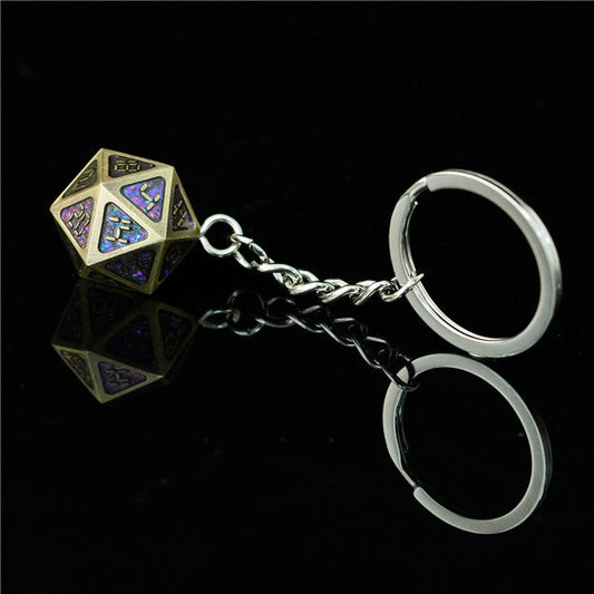 Metal D20 w/ Purple Glitter Keychain Analogue Font d20