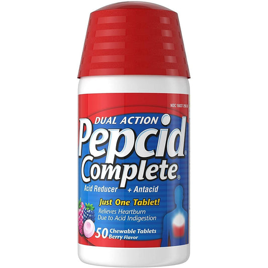 Pepcid Complete Dual Action  Berry Flavor Antacid + Acid Reducer 50 Chewable Tablets