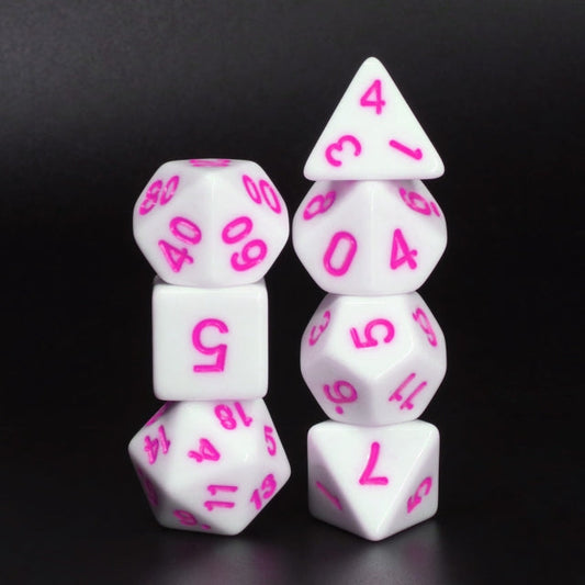 White Opaque with Purple/Pink Numbering 7-Dice Set RPG