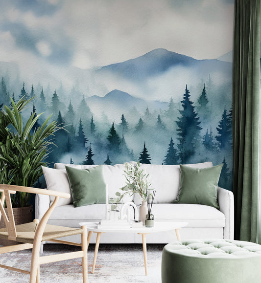 Watercolor Misty Mountain Forest Mural