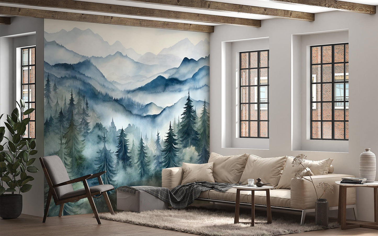 Watercolor Foggy Pine Tree Forest Mural