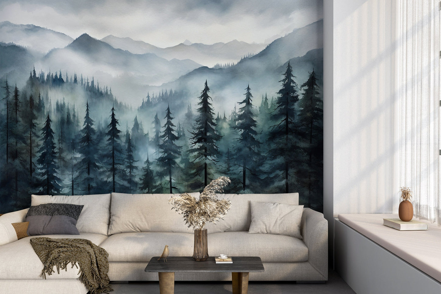 Foggy Forest Mountains Mural