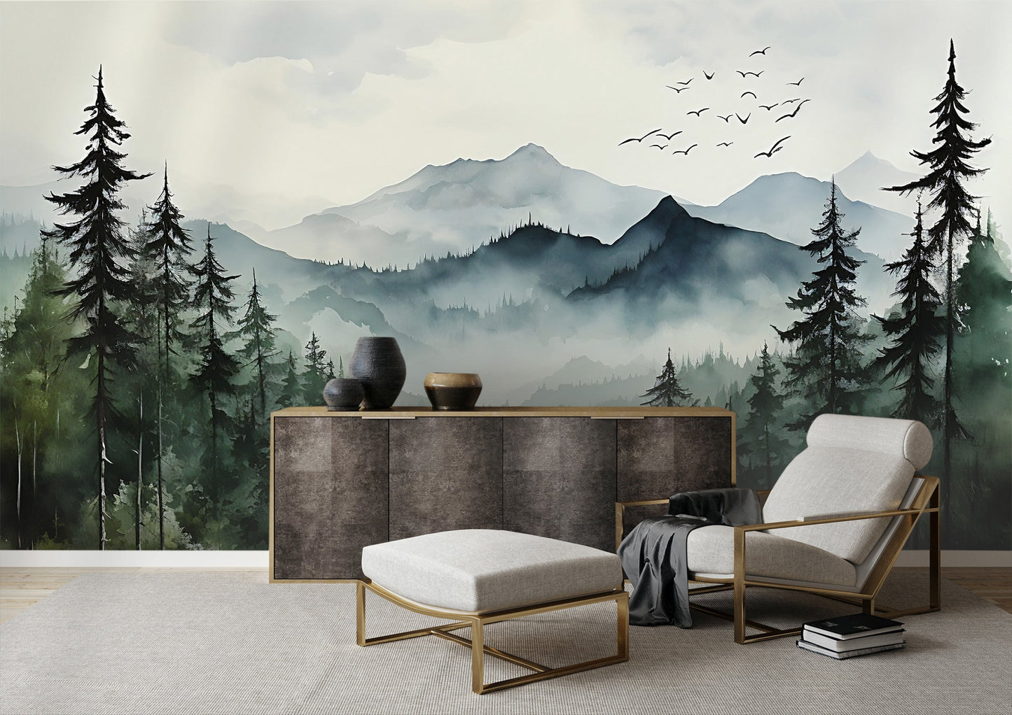 Foggy Forest & Mountain Wall Mural