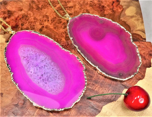 Large Pink Agate Slice Crystal Pendant (Gold Plated) Wholesale