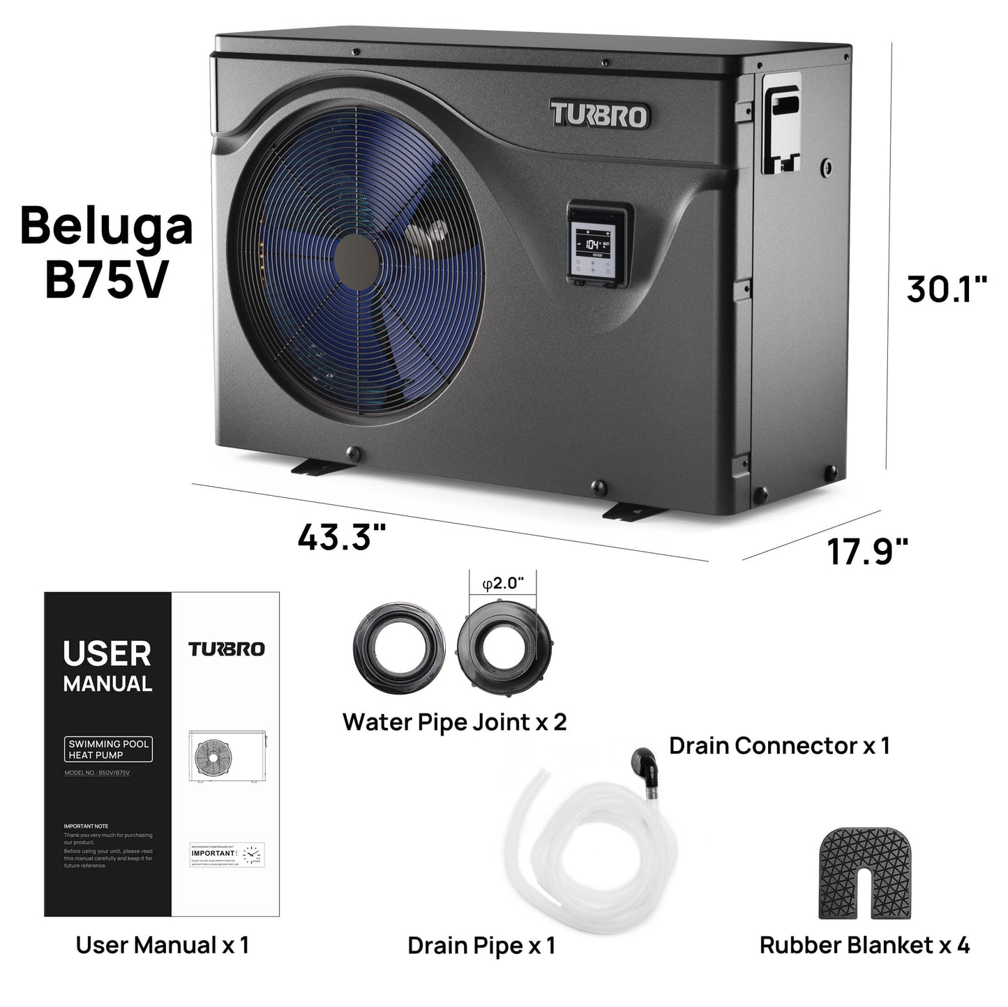 Beluga Inverter Swimming Pool Heat Pump, 50K/75K BTU