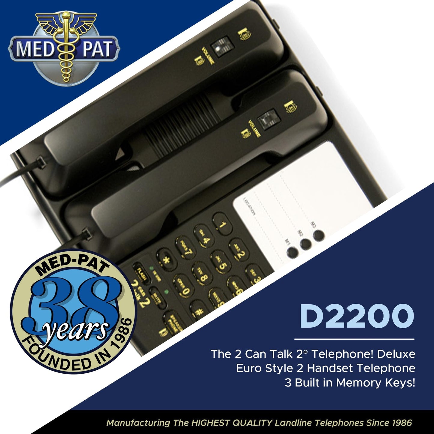Med-Pat D2200  “2 Can Talk 2” Telephone | Dual Handset Landline Phone with Memory Keys & Enhanced Volume