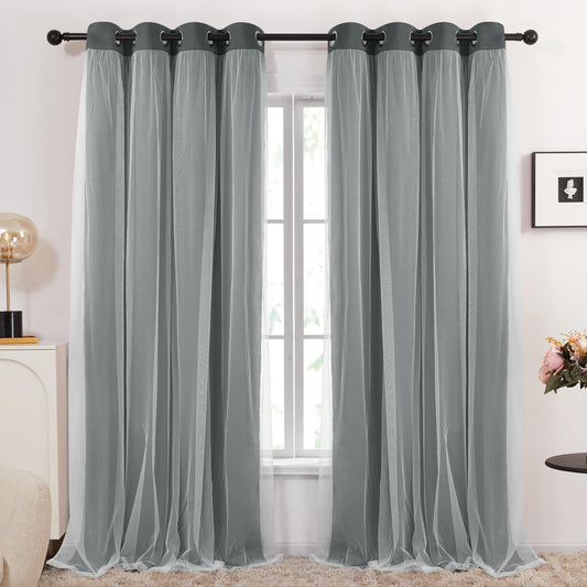 Double Layer Blackout & Sheer Curtains, Dark Grey, 52x96