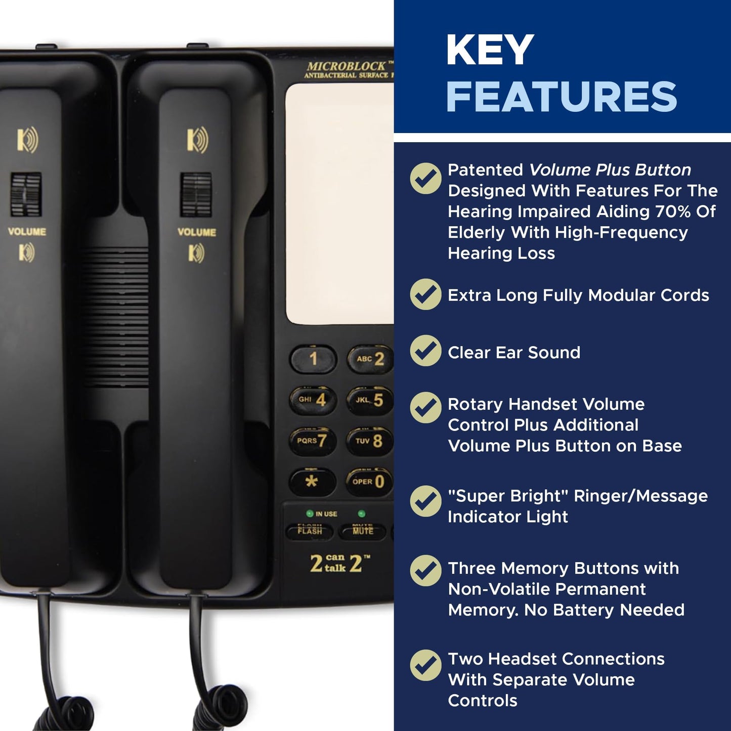 Med-Pat D2200  “2 Can Talk 2” Telephone | Dual Handset Landline Phone with Memory Keys & Enhanced Volume