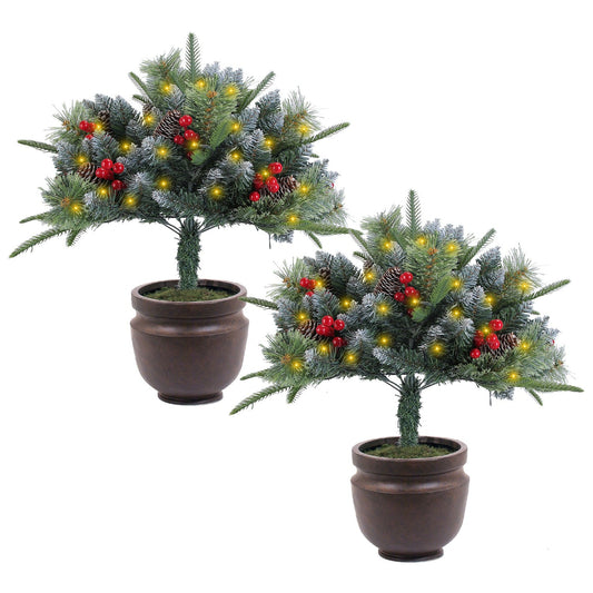 2Pcs Christmas Tree Urn Filler With Light Artificial Lighted Xmas Trees Light with Cones Berries Holiday Planter Filler LED Pathway Pine Tree IP44 Wat
