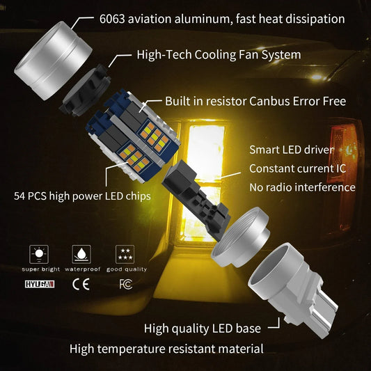 7443 7444 T20 LED Turn Signal Light Anti Hyper Flash CANBUS Error Free Switchback Dual Color Bulb White Amber | G54 Series HYUGA (Pack of 2)