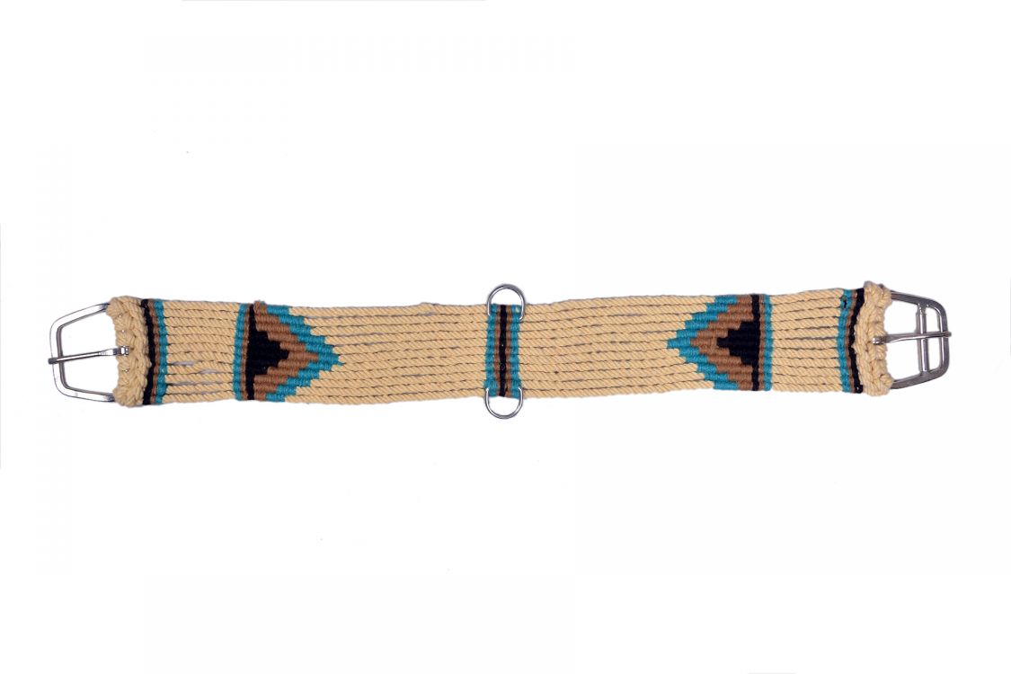 Showman® Cotten Blend Tan straight string girth with SS Roller Buckle with Southwest Design.